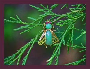 Aqua opal jeweled bug hangs from a branch of an evergreen tree.